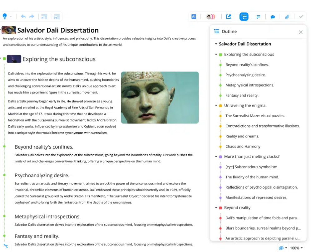 Ayoa's outline document view